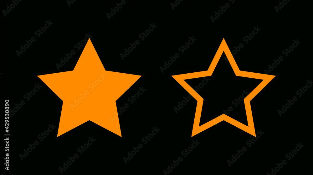 Set of stars icons. Collection of orange star sparkle symbols isolated on black background. Flat design. Magic particle vivid for decorative for festive. Fantasy elements. Vector illustration. Set of stars icons. Collection of orange star sparkle symbols isolated on black background. Flat design. Magic particle vivid for decorative for festive. Fantasy elements. Vector illustration.
