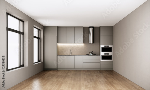 modern scandinavian room interior design with large window and kitchen, urban apartment style. 3d rendering background