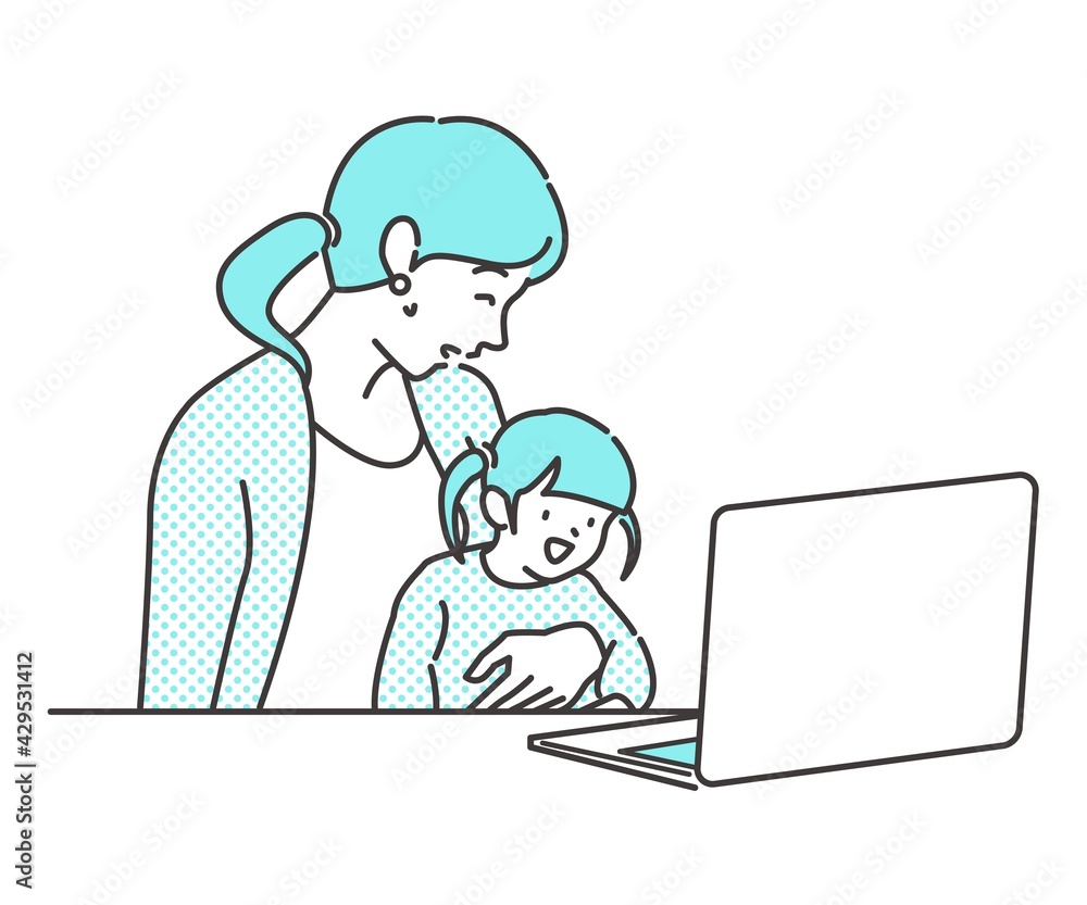 Vecteur Stock 子供を抱いている母親とノートパソコンのイラストカット リモートワーク オンライン帰省 Adobe Stock