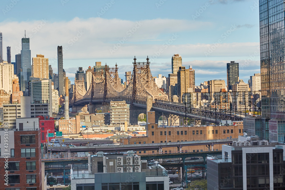 New York City skyline and bridges from a high angle in Long Island City