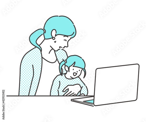 子供を抱いている母親とノートパソコンのイラストカット リモートワーク オンライン帰省