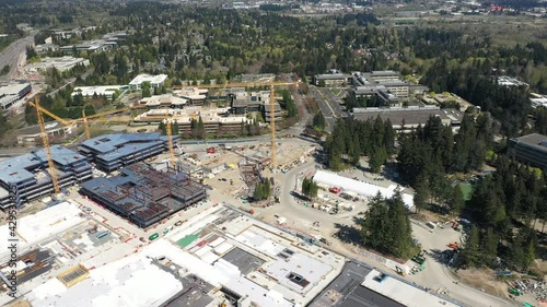 Cinematic aerial drone clip, development of the new campus at the Microsoft Corporate Headquarters, Microsoft Commons, Microsoft Studio in Overlake and Redmond, Washington, near Bellevue, Seattle photo