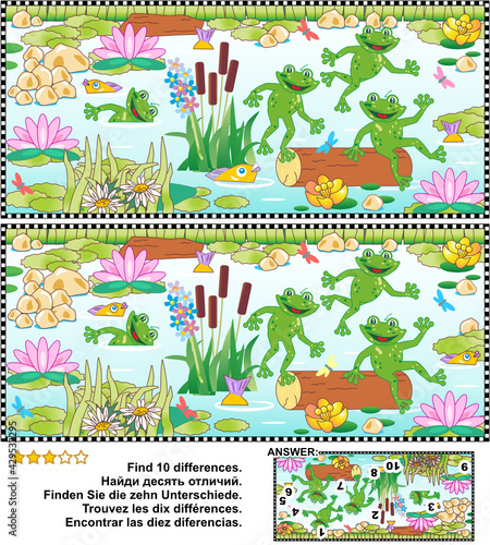 Find the ten differences visual puzzle with playful happy frogs and pond life. Answer included.
