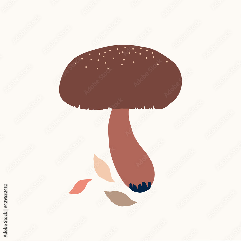 Minimalistic drawing of a forest mushroom, isolated, brown color design on white background. Symbol, icon, vector illustration, botanical elements, style of minimalist, hand drawn. 