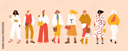 Group of diverse young modern women wearing trendy clothes. Casual stylish city street style fashion outfits. Woman power concept banner. Hand drawn characters colorful vector illustration. photo