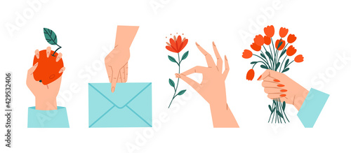 Set of hands holding various objects isolated on white background. Hand drawn colorful vector illustration.
