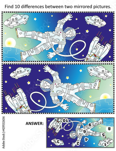 Space exploration picture puzzle: Find ten differences between two mirrored pictures of astronaut or cosmonaut in outer space, Earth, soaceship, UFOs and stars. Answer included.
