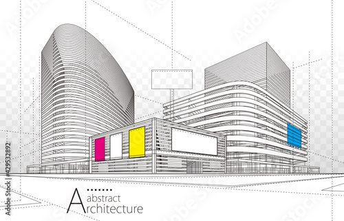 Architecture building construction perspective design, abstract modern urban line drawing background.