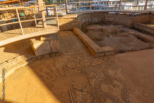 OHRID, NORTH MACEDONIA: Ancient Greek mosaics on the territory of Plaoshnik. Church of Saints Clement church in Ohrid. photo