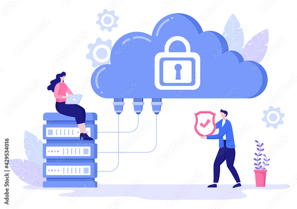 Data Cloud Private Illustration To Access Hosting or Database And Data Protection. Internet Cyber Security Shield Business