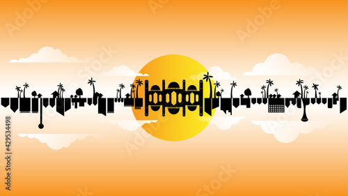 siluet city and moslem village with the sunset background