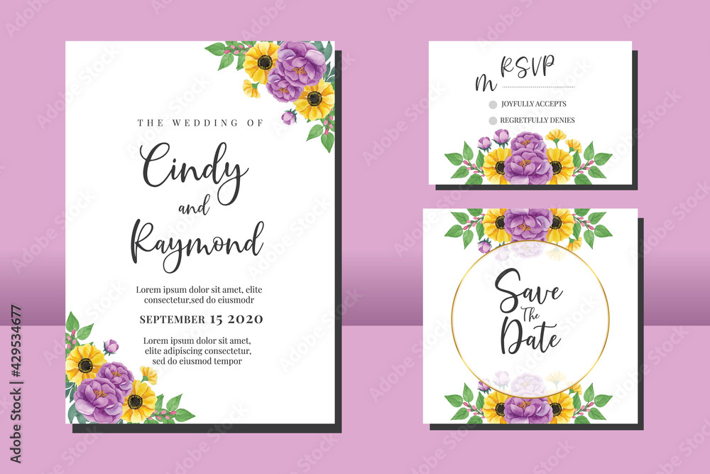 Fototapeta premium Wedding invitation frame set, floral watercolor hand drawn Anemone and Peony Flower design Invitation Card Template