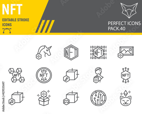 NFT line icon set, non fungible token collection, vector graphics, logo illustrations, NFT blockchain vector icons, cryptocurrency signs, outline pictograms, editable stroke