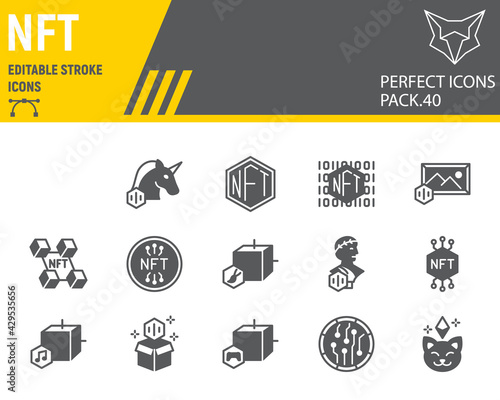 NFT glyph icon set, non fungible token collection, vector graphics, logo illustrations, NFT blockchain vector icons, cryptocurrency signs, solid pictograms, editable stroke
