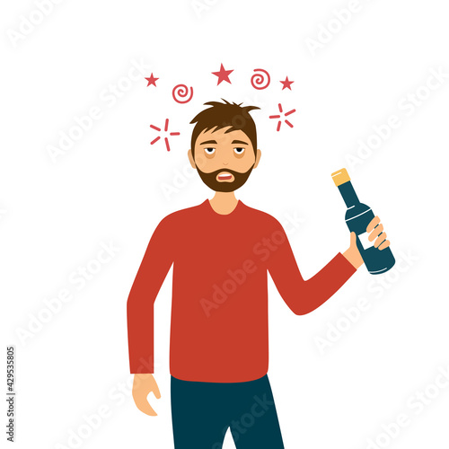 Adult drunk man with alcohol bottle in his hand flat design. Alcoholic character. Alcohol addiction.