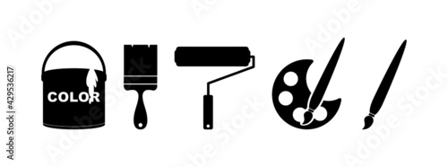 Paint tools icon set. Colored work-related object symbols. Vector illustration icons. Simple design