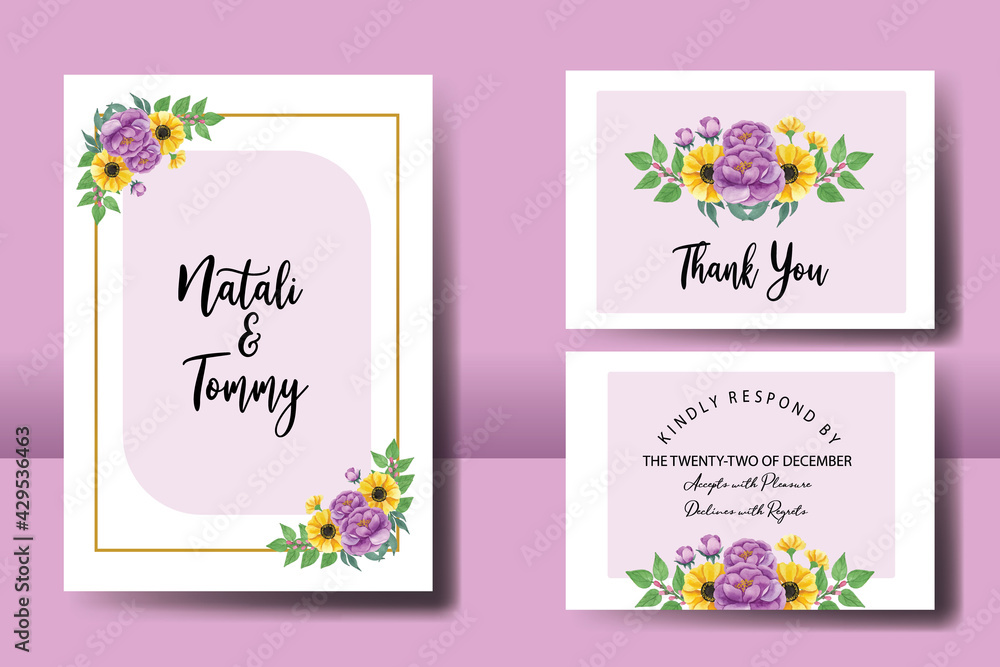 Wedding invitation frame set, floral watercolor hand drawn Anemone and Peony Flower design Invitation Card Template