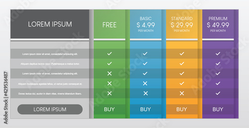 Colorful of pricing table with four options vector illustration.