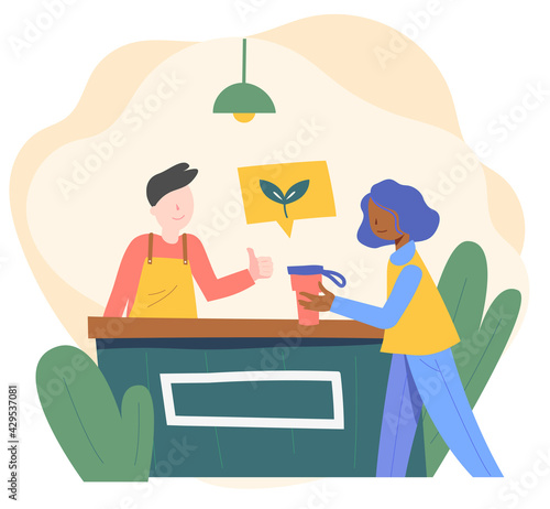 A woman using a tumbler instead of a disposable cup in a cafe. flat design style minimal vector illustration.