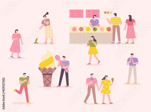 Many people are eating ice cream. Ice cream shop with pink background. flat design style minimal vector illustration. © MINIWIDE