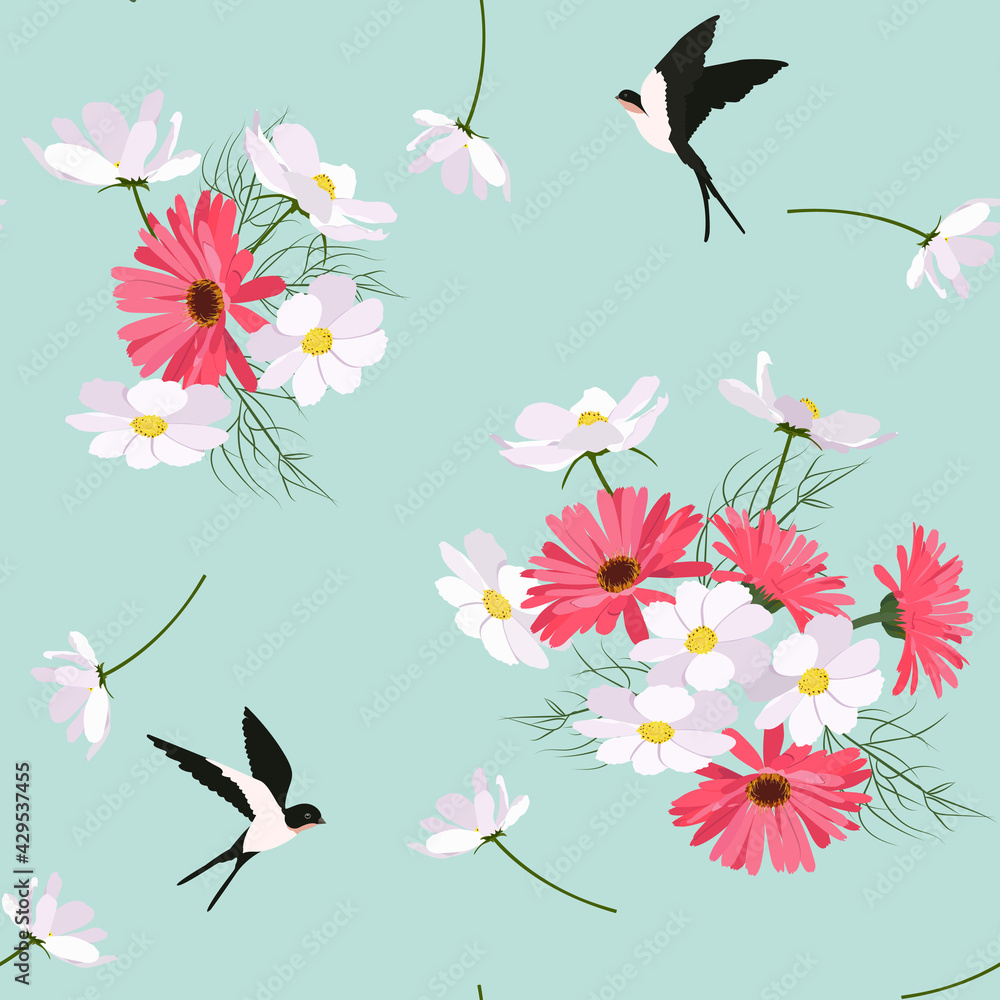 Seamless vector illustration with gerberas,kosmea and swallows on a turquoise background.