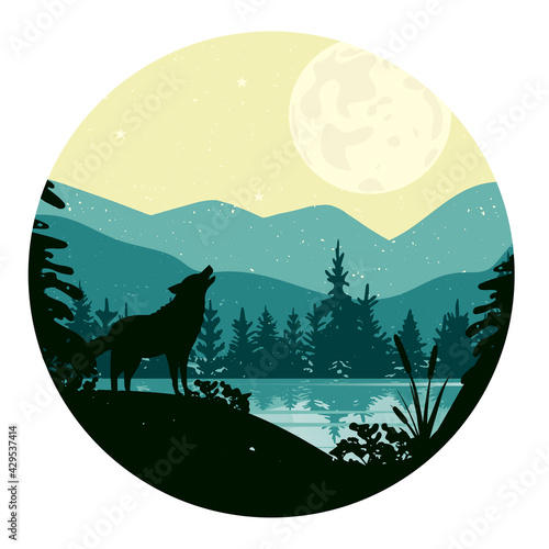 silhouette of a howling wolf at the moon. mountain landscape in a round frame. forest page in a circle. vector. eps