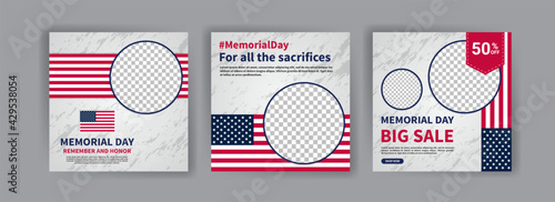 Memorial day greeting card displayed with the national flag of the United States of America. Social media templates for memorial day.