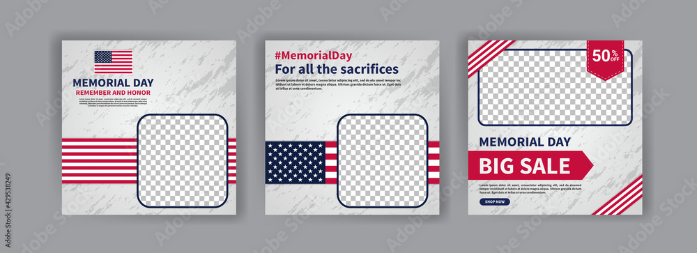 Naklejka premium Memorial day greeting card displayed with the national flag of the United States of America. Social media templates for memorial day.