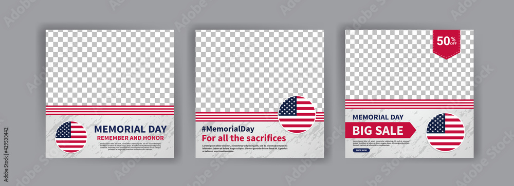 Memorial day greeting card displayed with the national flag of the United States of America. Social media templates for memorial day. Memorial day greeting card displayed with the national flag of the United States of America. Social media templates for memorial day.
