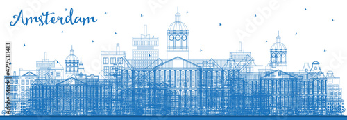 Outline Amsterdam Holland City Skyline with Blue Buildings.