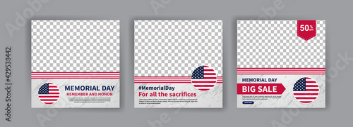 Memorial day greeting card displayed with the national flag of the United States of America. Social media templates for memorial day.
