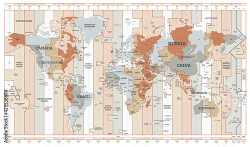 Time Zone Map. Detailed World Map with Countries Names.
