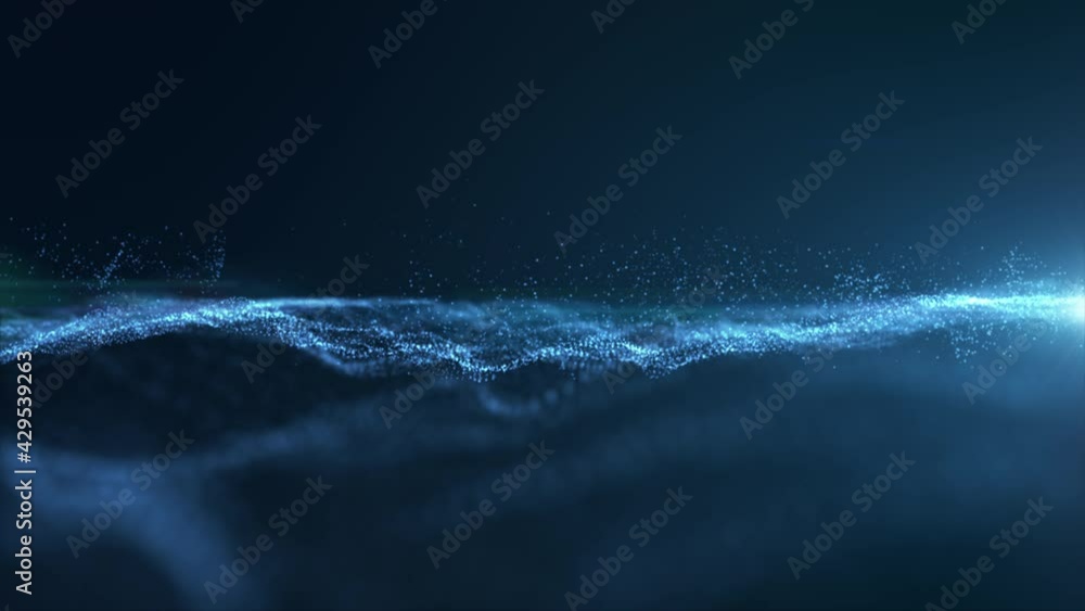 Futuristic digitally generated motion graphic particles wave flowing in virtual reality abstract cyber space environment de-focus abstract loop background