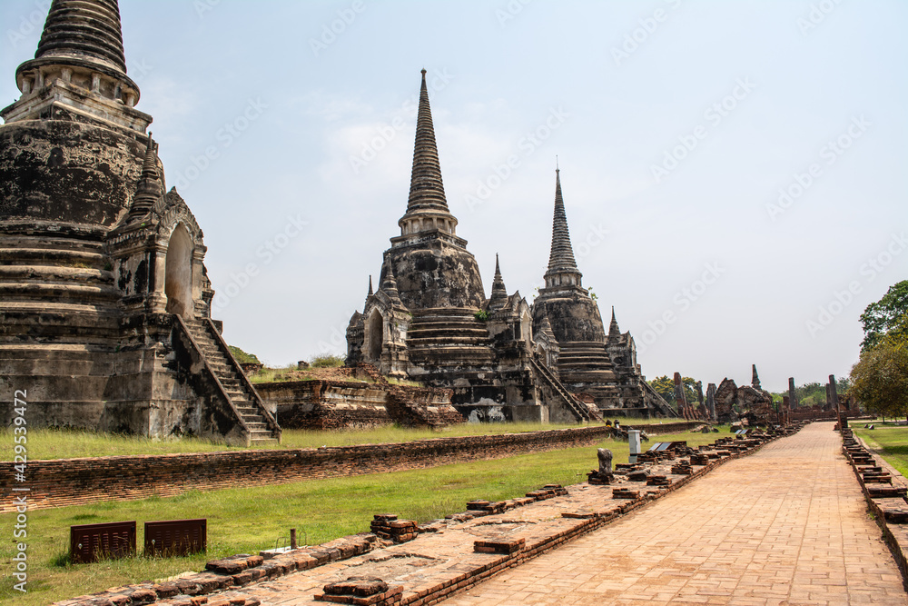 Old pagodas within Wat Phra Si Sanphet was the holiest temple in Ayutthaya that is ancient capital of Thailand