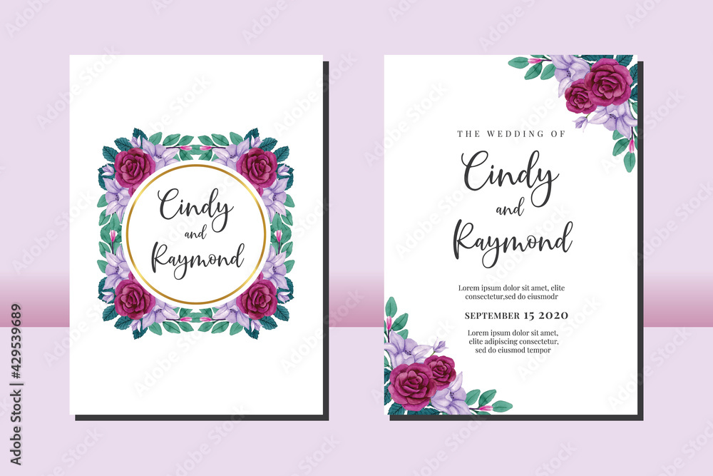 Wedding invitation frame set, floral watercolor hand drawn Rose and Lily Flower design Invitation Card Template