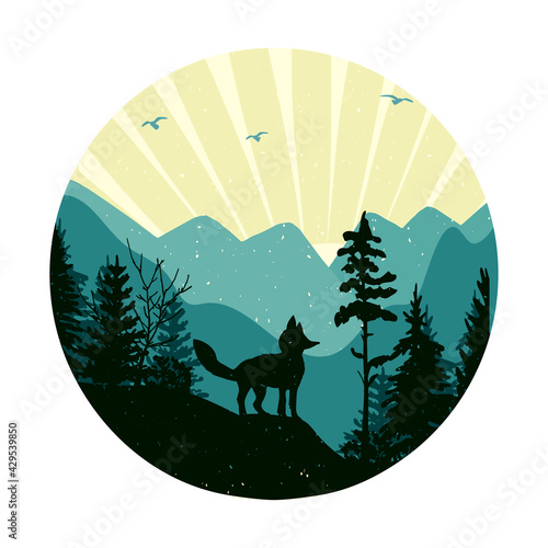 mountain landscape with a pine forest and a fox in a circle. forest and mountains in a circular frame. vector. eps.