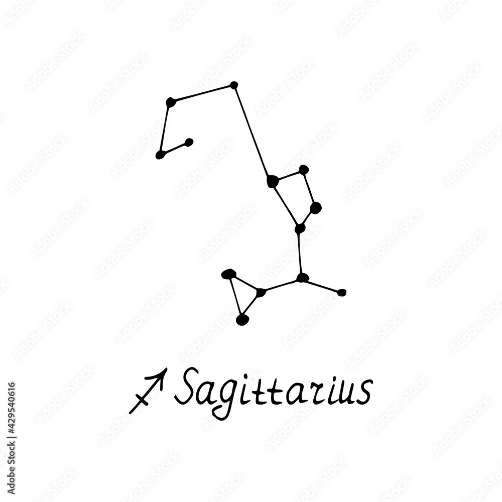 constellation Sagittarius icon and lettering. hand drawn doodle style. vector, minimalism, monochrome, sketch. zodiac sign, horoscope.