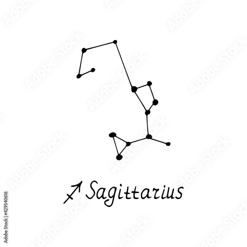 constellation Sagittarius icon and lettering. hand drawn doodle style. vector, minimalism, monochrome, sketch. zodiac sign, horoscope.
