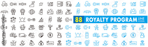 Royalty program line icon set. Included icons as member, VIP, exclusive, diamond, badge, high level and more.