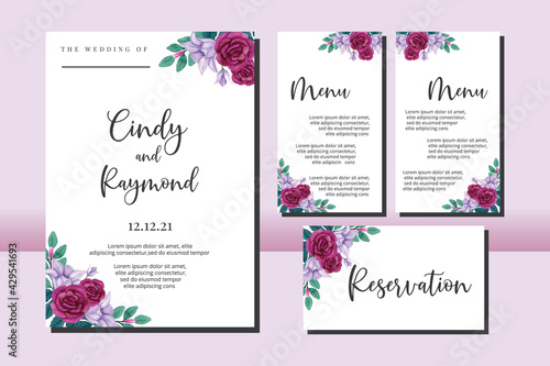 Wedding invitation frame set, floral watercolor hand drawn Rose and Lily Flower design Invitation Card Template © Vectorcome