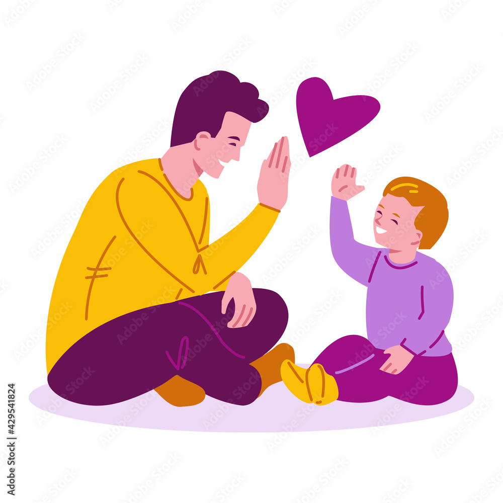 Father and son give five. Vector illustration for father's day. Flat cartoon style. Isolated on a white background. Father and son give five. Vector illustration for father's day. Flat cartoon style. Isolated on a white background.