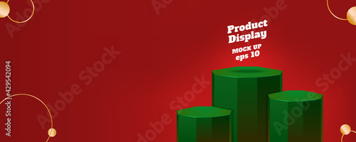 Vector flat geometric product display red christmas background, dark green color block studio kiosk.banner with copy space for display of product for advertise online