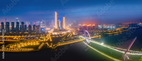 Aerial photography night view of modern city architecture landscape in Nanjing  China