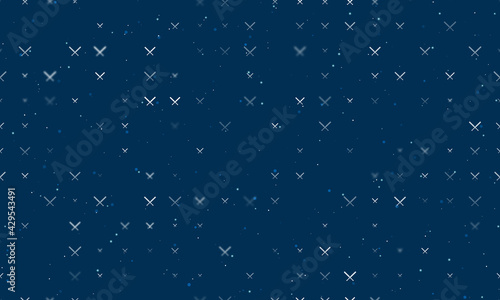 Seamless background pattern of evenly spaced white baseball bats symbols of different sizes and opacity. Vector illustration on dark blue background with stars