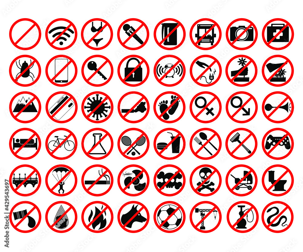 Various prohibition signs red on white background, vector illustration Various prohibition signs red on white background, vector illustration