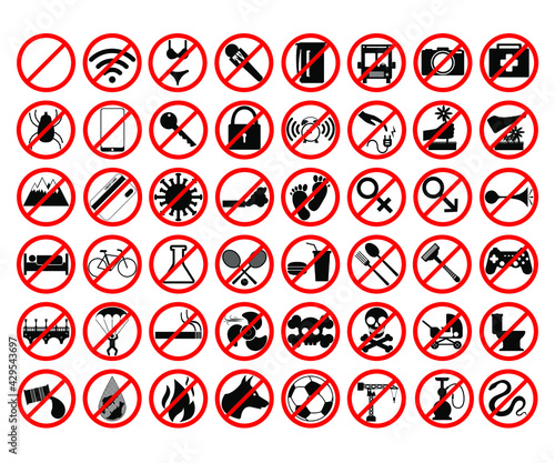 Various prohibition signs red on white background, vector illustration