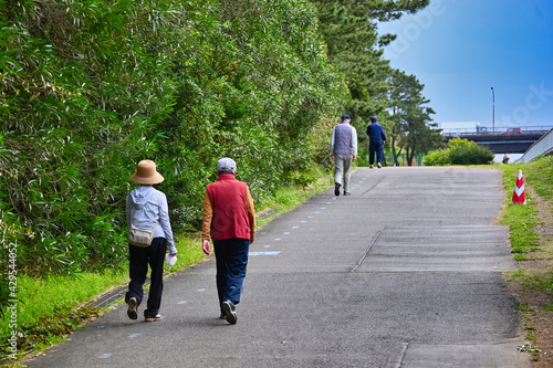 シニアがお散歩している遊歩道の風景