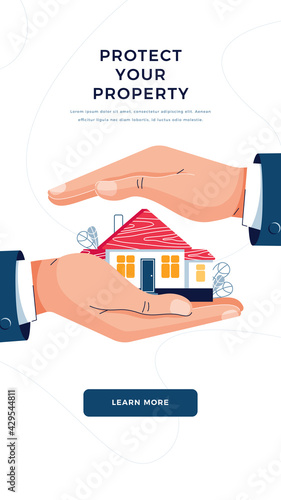 Protect your property banner. Business hands are covering residential house. Real estate, housing, mortgage insurance, house protection, home security service concept for web. Flat vector illustration