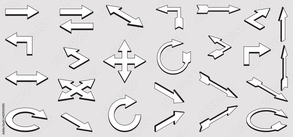 A set of black-and-white arrow icons in different angles on a gray background.Different arrows showing different directions are made in 3d style.Can be used in design elements.Isometric vector illustr A set of black-and-white arrow icons in different angles on a gray background.Different arrows showing different directions are made in 3d style.Can be used in design elements.Isometric vector illustr