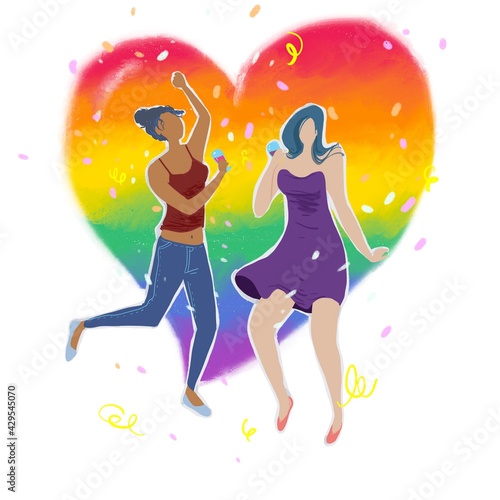 Rainbow coloured love community dance hearts. Sexuality and gender identity, sexual orientation, LGBTQ movement lesbian gay couple. Bright vibrant illustration